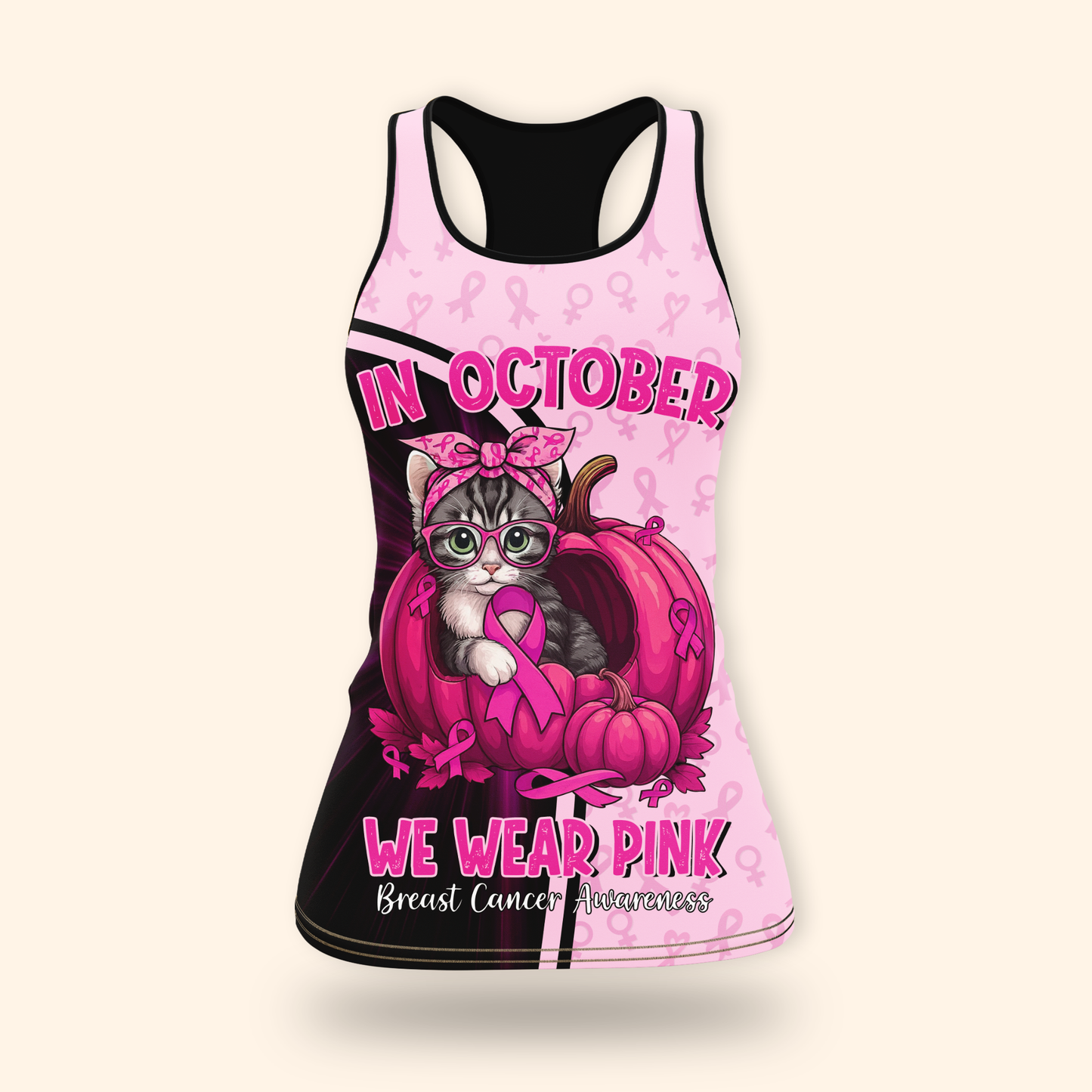 Personalized "In October We Wear Pink" Cat Pumpkin Breast Cancer Awareness, Custom Choo
