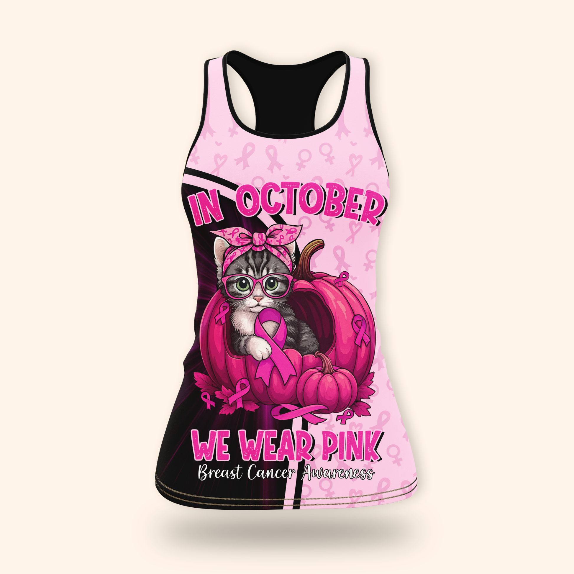 Personalized "In October We Wear Pink" Cat Pumpkin Breast Cancer Awareness, Custom Choo