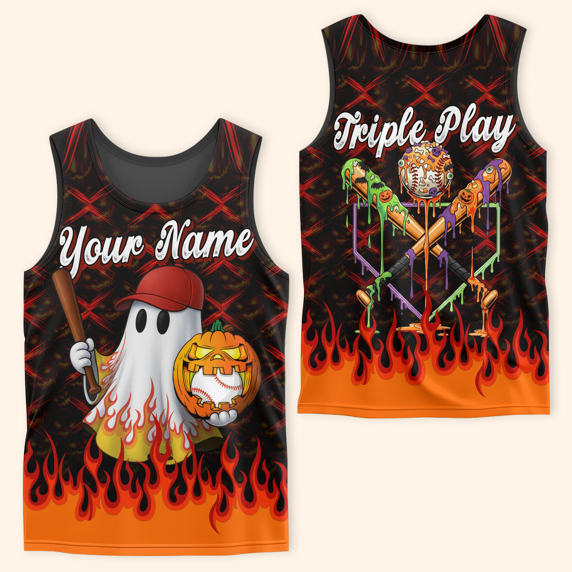 Personalized Baseball Halloween Hoodie – Ghost with Pumpkin & Bat, Custom Name Zip Up, Custom Choo