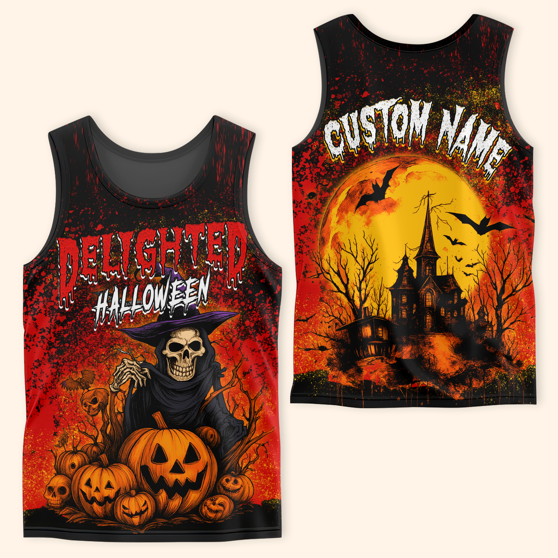 Delighted Halloween Hoodie – Grim Reaper Skeleton with Pumpkins – Custom Name Zip Up, Custom Choo