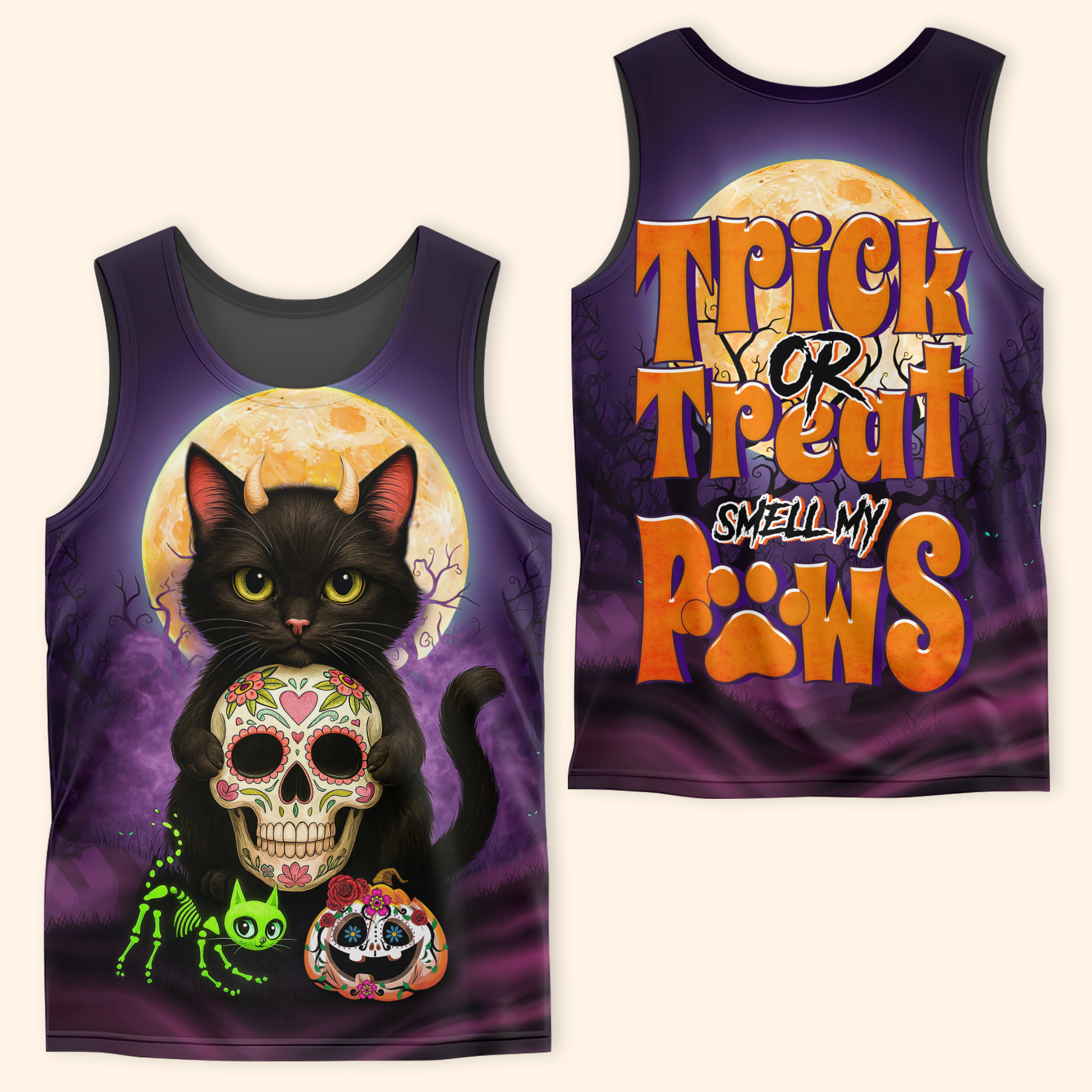 Trick or Treat Smell My Paws Hoodie – Halloween Black Cat & Sugar Skull, Custom Name Zip Up, Custom Choo