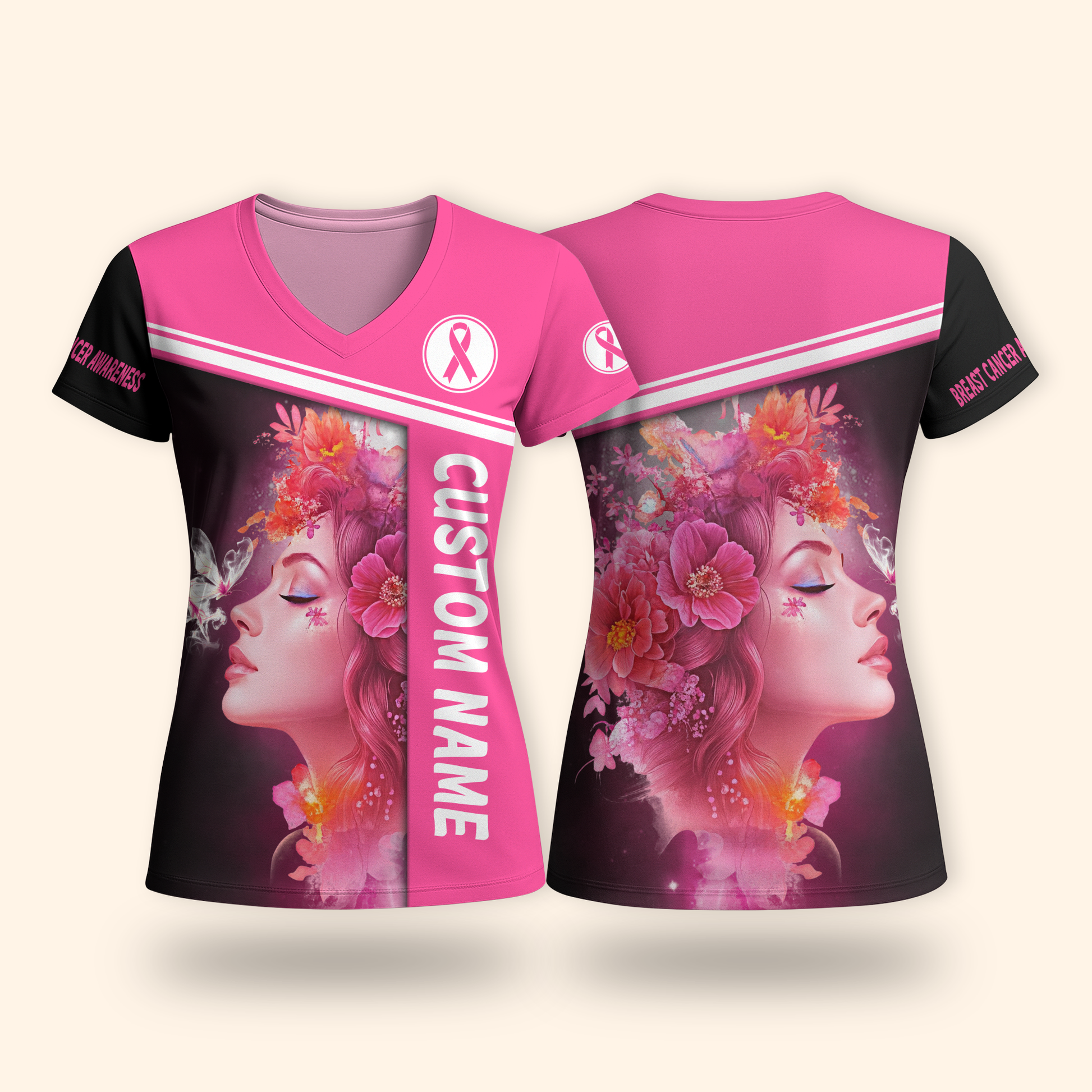 Personalized Pink Ribbon Floral Woman Awareness Shirt, Custom Choo