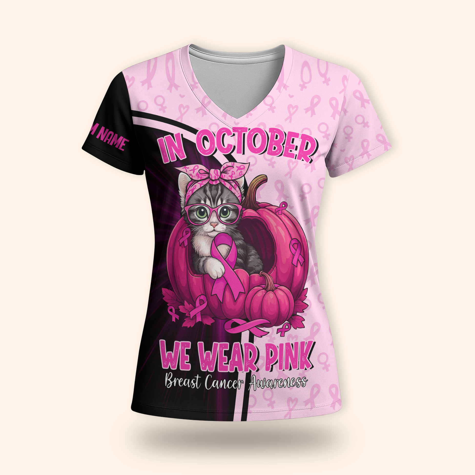 Personalized "In October We Wear Pink" Cat Pumpkin Breast Cancer Awareness, Custom Choo