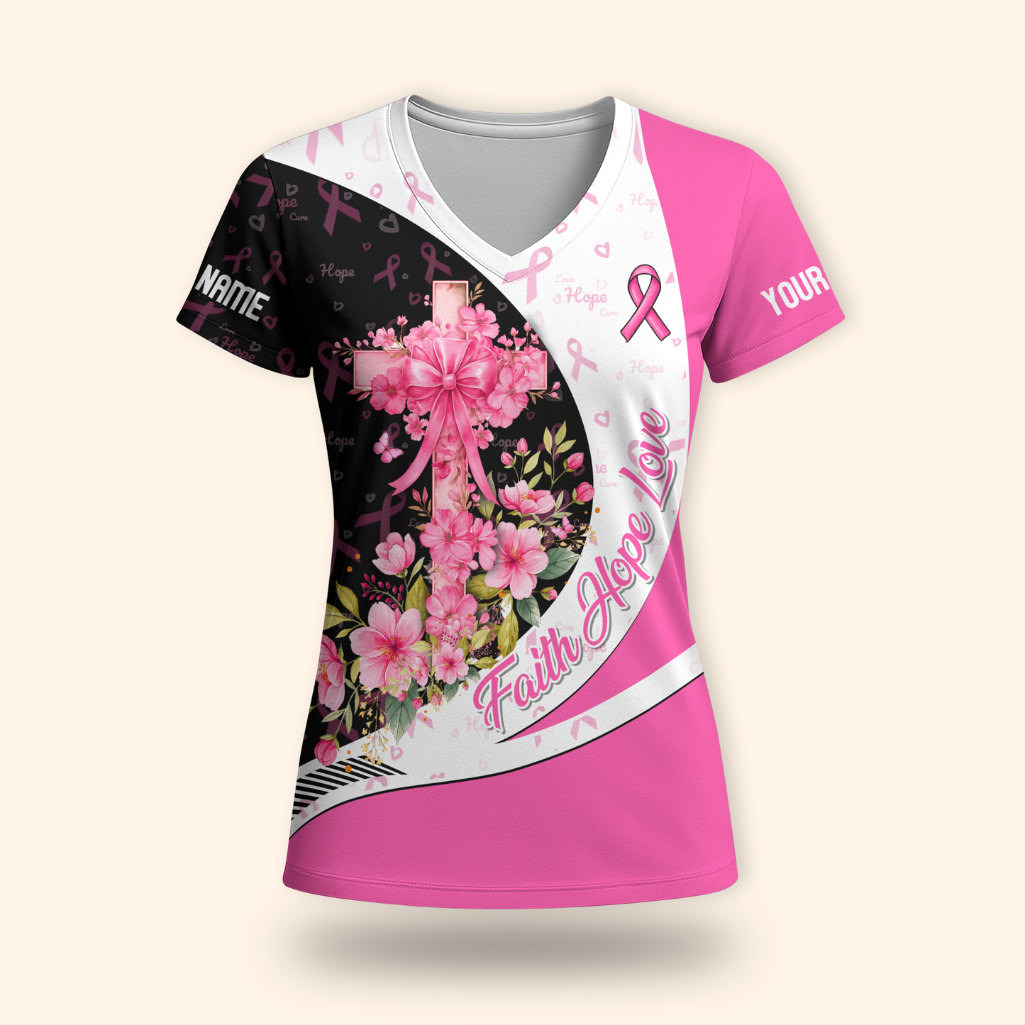 Personalized Breast Cancer Awareness "Faith Hope Love" Floral Cross Shirt