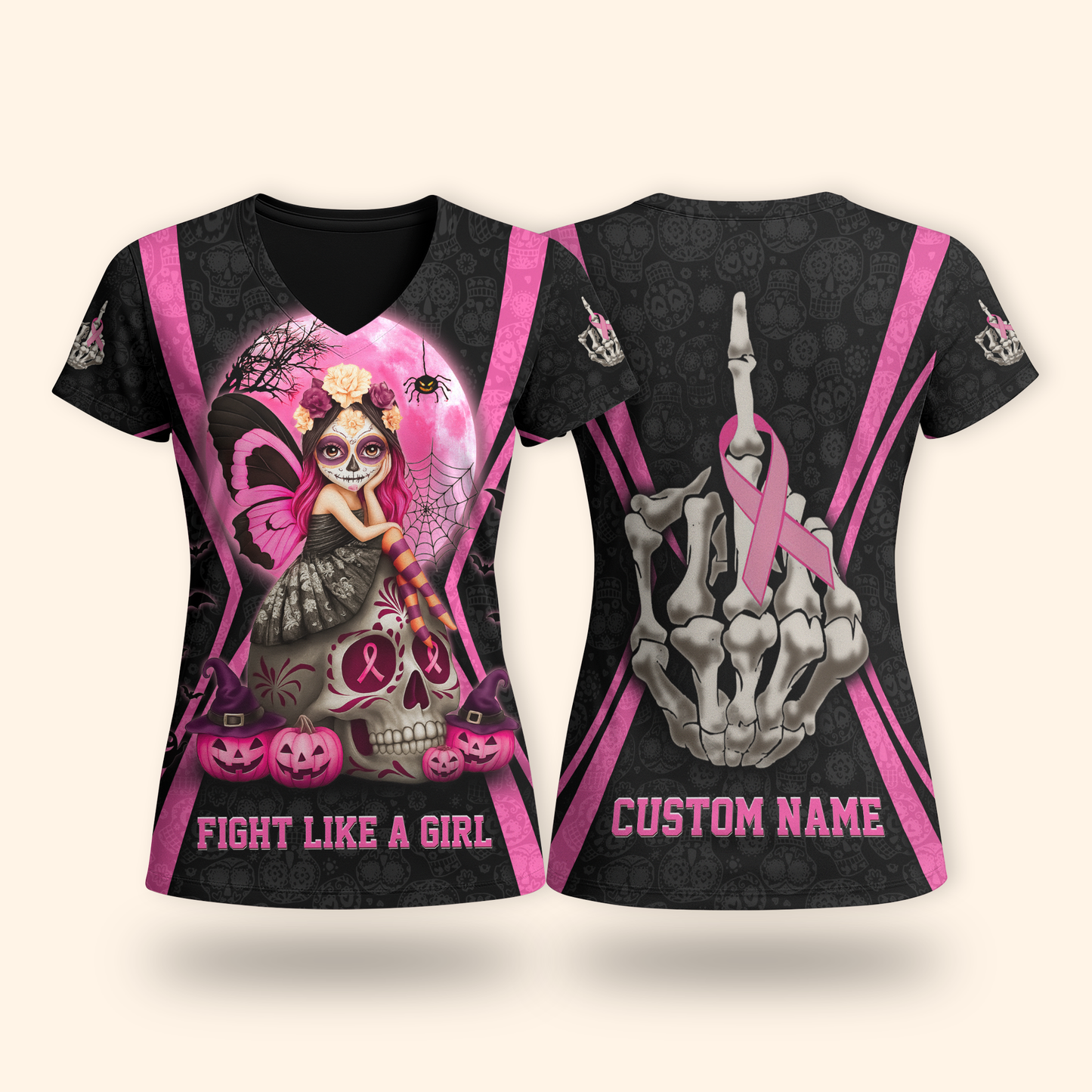Personalized Sugar Skull Fight Like A Girl - Breast Cancer Awareness Shirt, Custom Choo