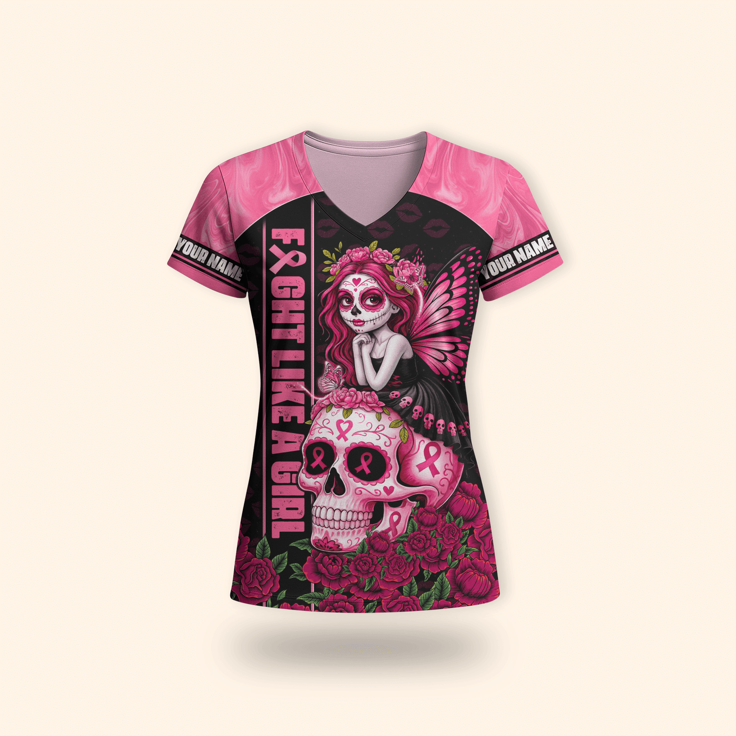 Fight Like A Girl Sugar Skull - Breast Cancer Awareness Shirt
