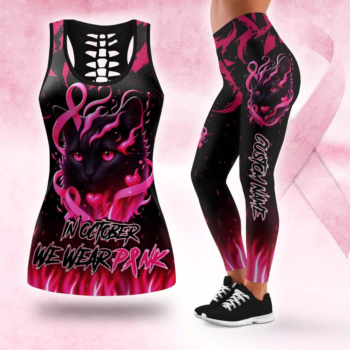 Personalized In October We Wear Pink Black Cat - Combo Legging Breast Cancer Awareness, Custom Choo