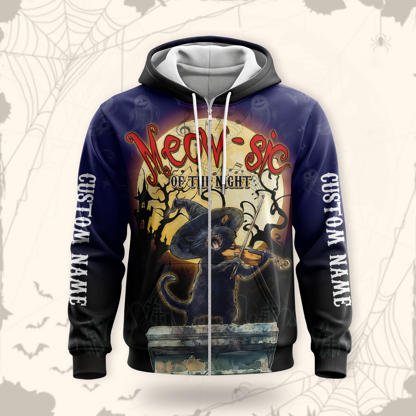 Personalized Halloween Cat Hoodie – Meow-sic of the Night Custom Name Zip Up, Custom Choo