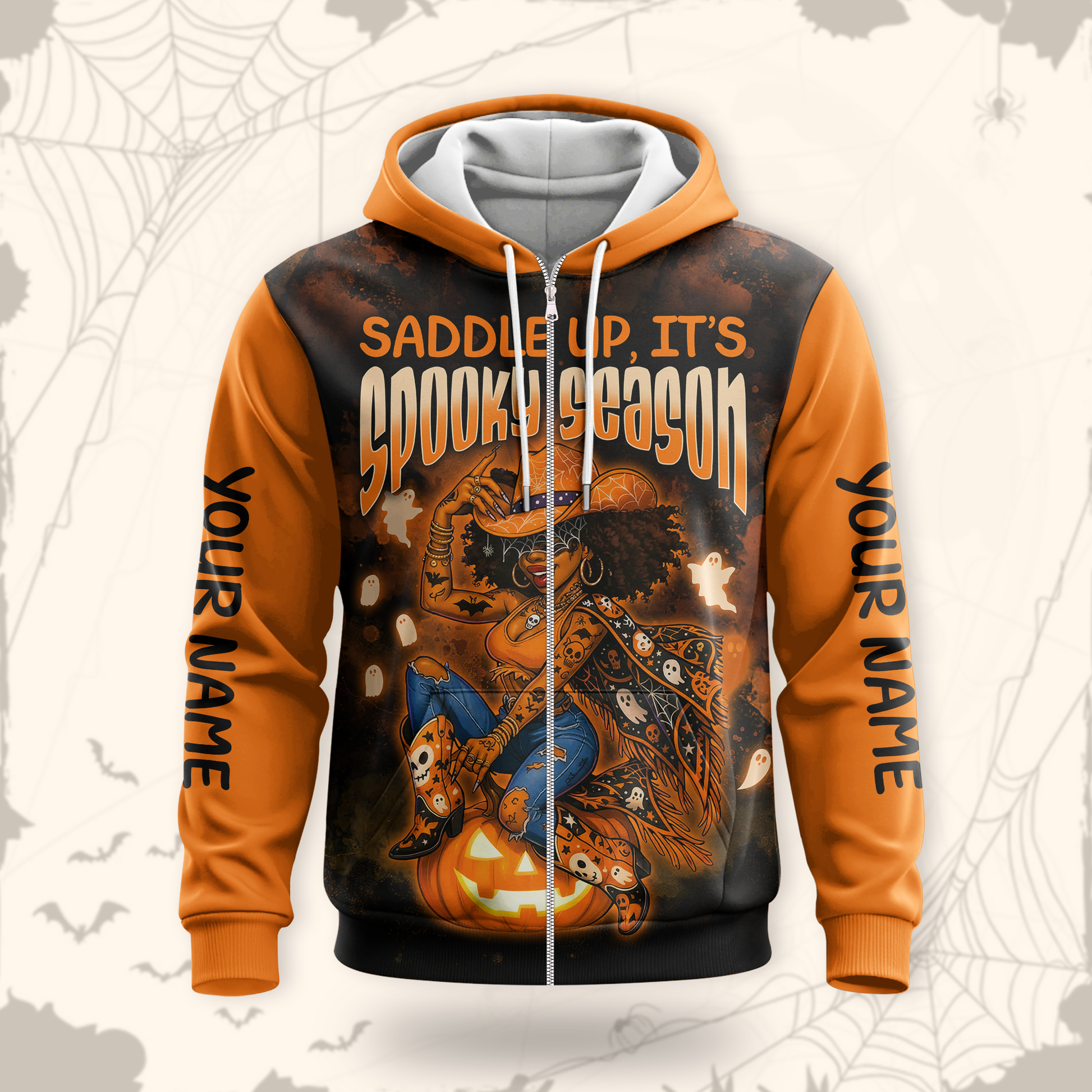Personalized Spooky Season Hoodie – Cowboy Riding Pumpkin Halloween Jacket, Custom Choo