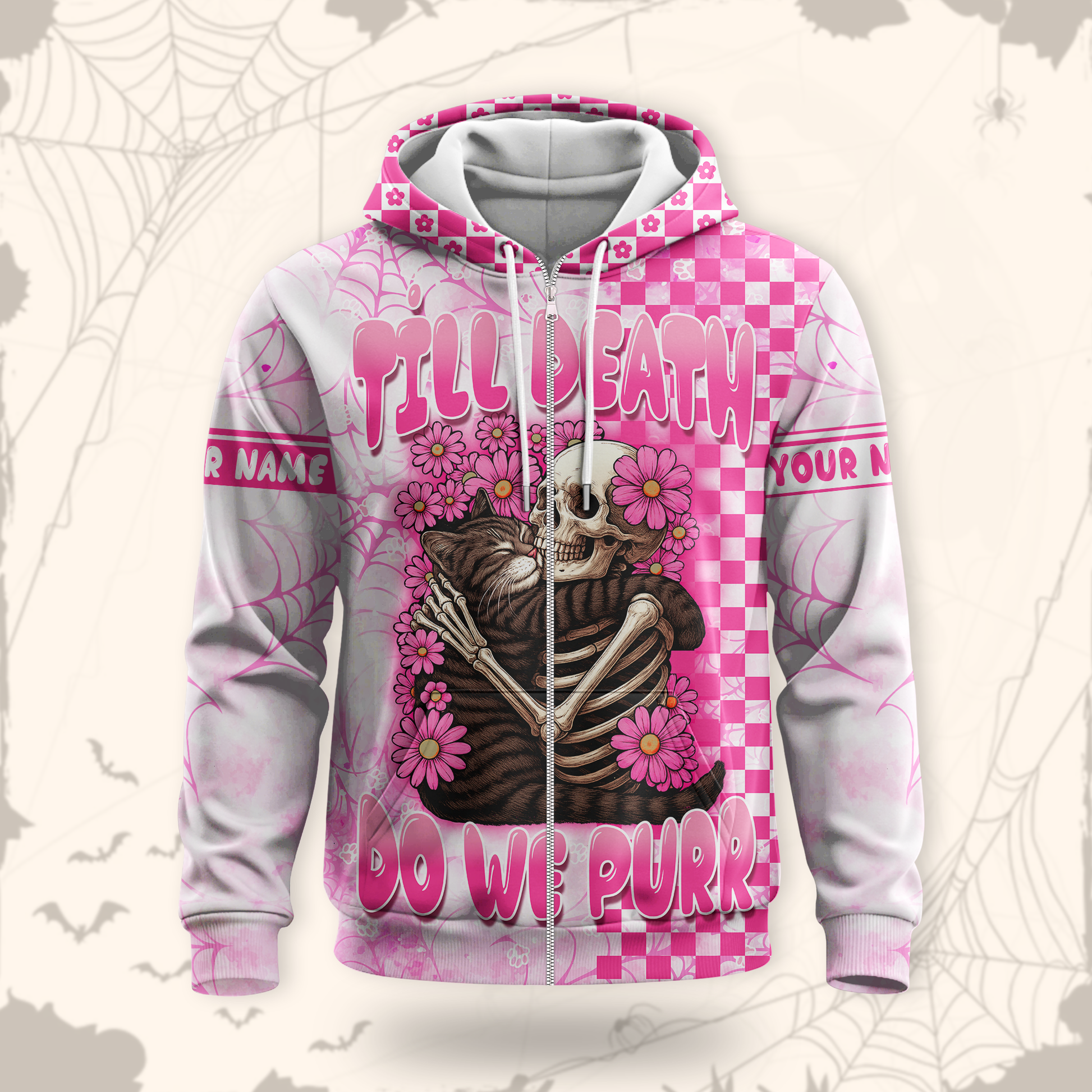 Personalized Cat Skeleton Hoodie – Till Death Do We Purr Pink Gothic Zip Up, Custom Choo