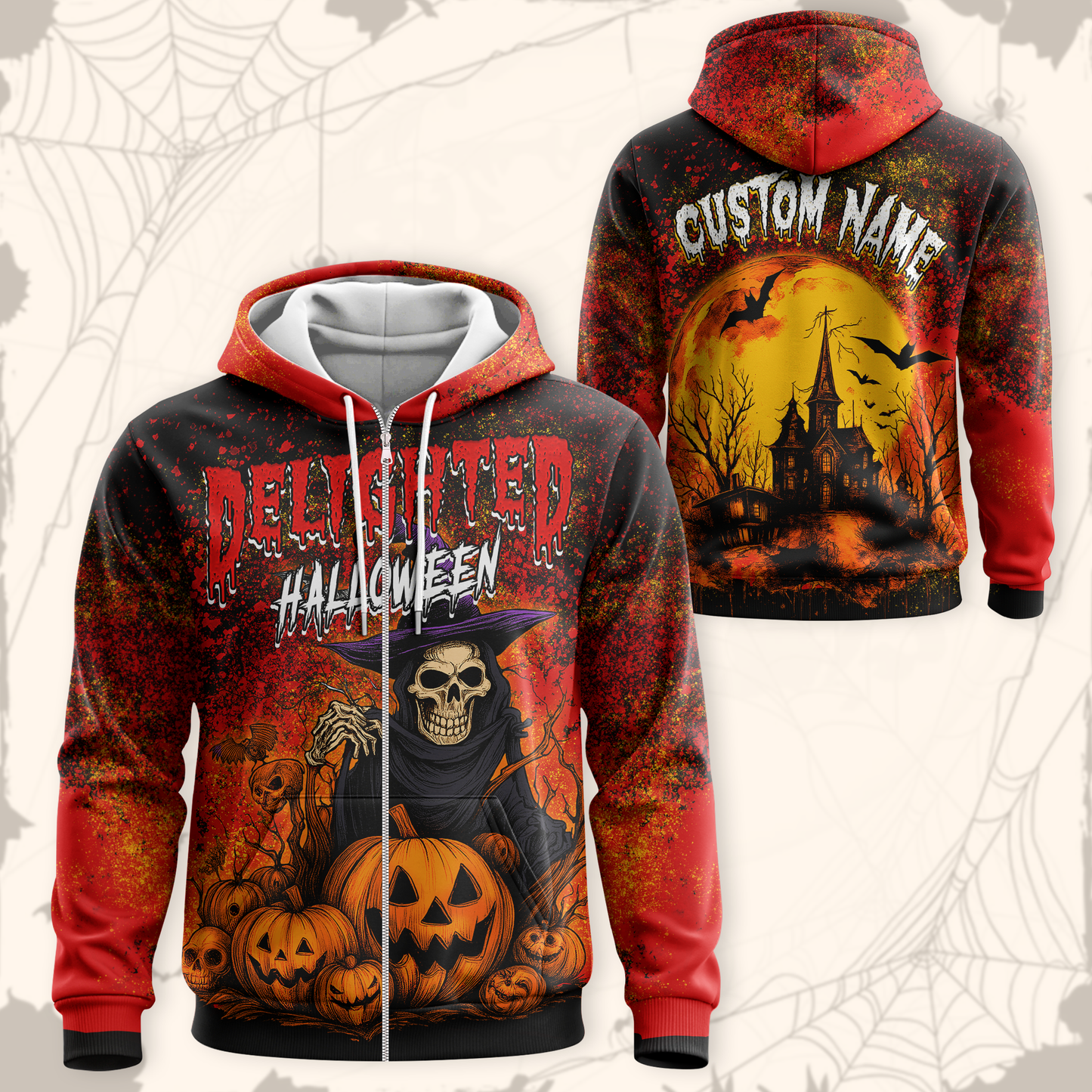 Delighted Halloween Hoodie – Grim Reaper Skeleton with Pumpkins – Custom Name Zip Up, Custom Choo