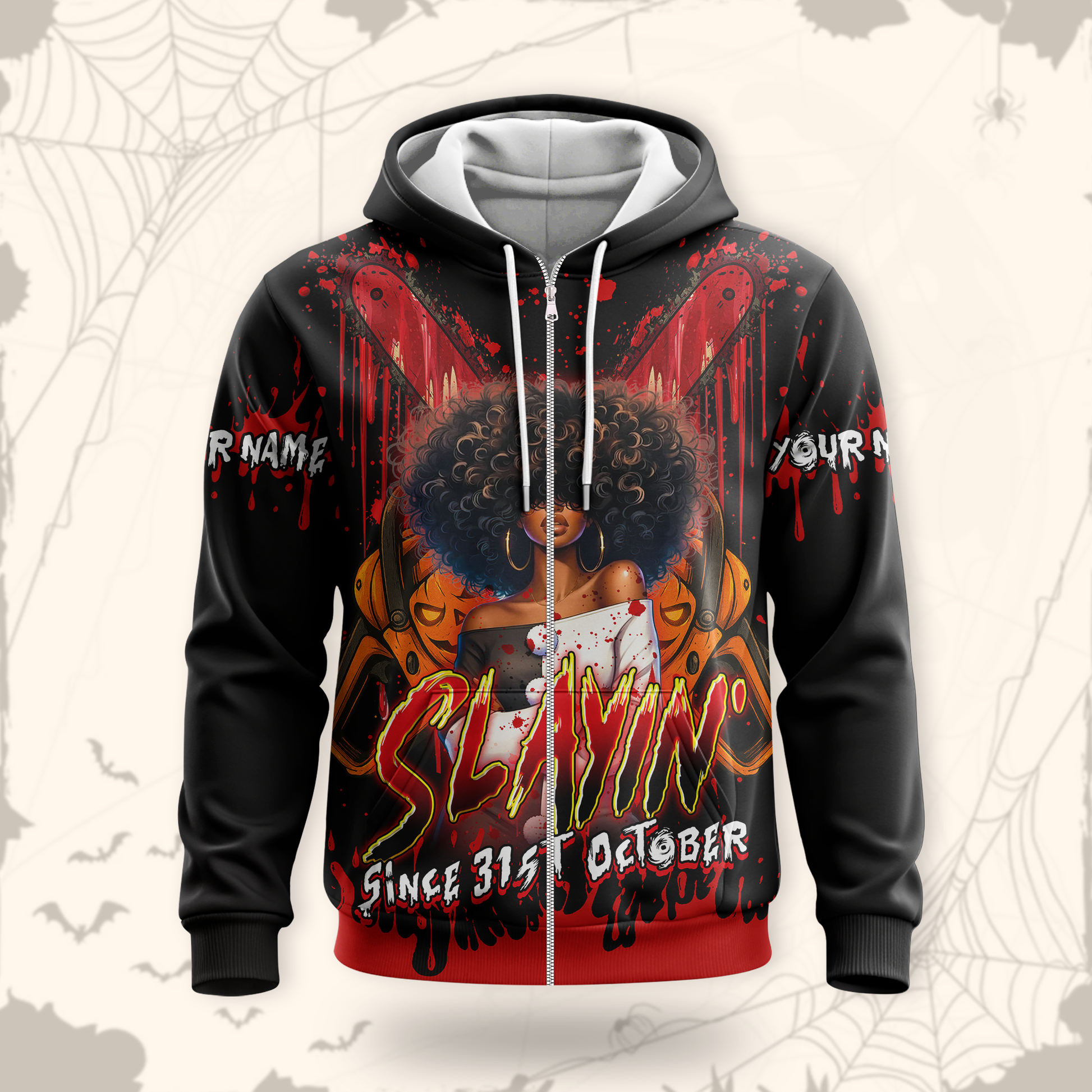 Slayin’ Since 31st October Hoodie – Custom Name Halloween Horror Afro Girl Jacket, Custom Choo