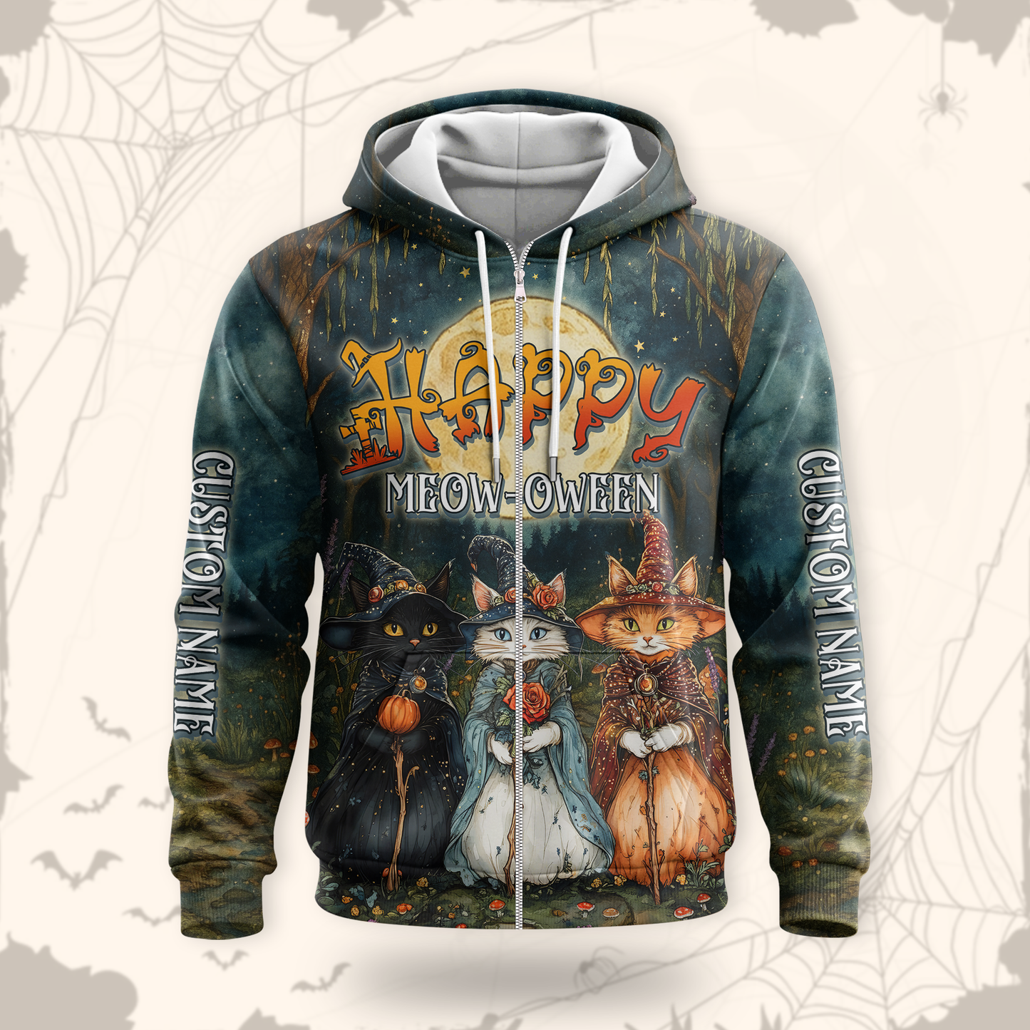 Happy Meow-Oween Hoodie – Halloween Cat Witch 3D Zip Up – Custom Name Hoodie, Custom Choo