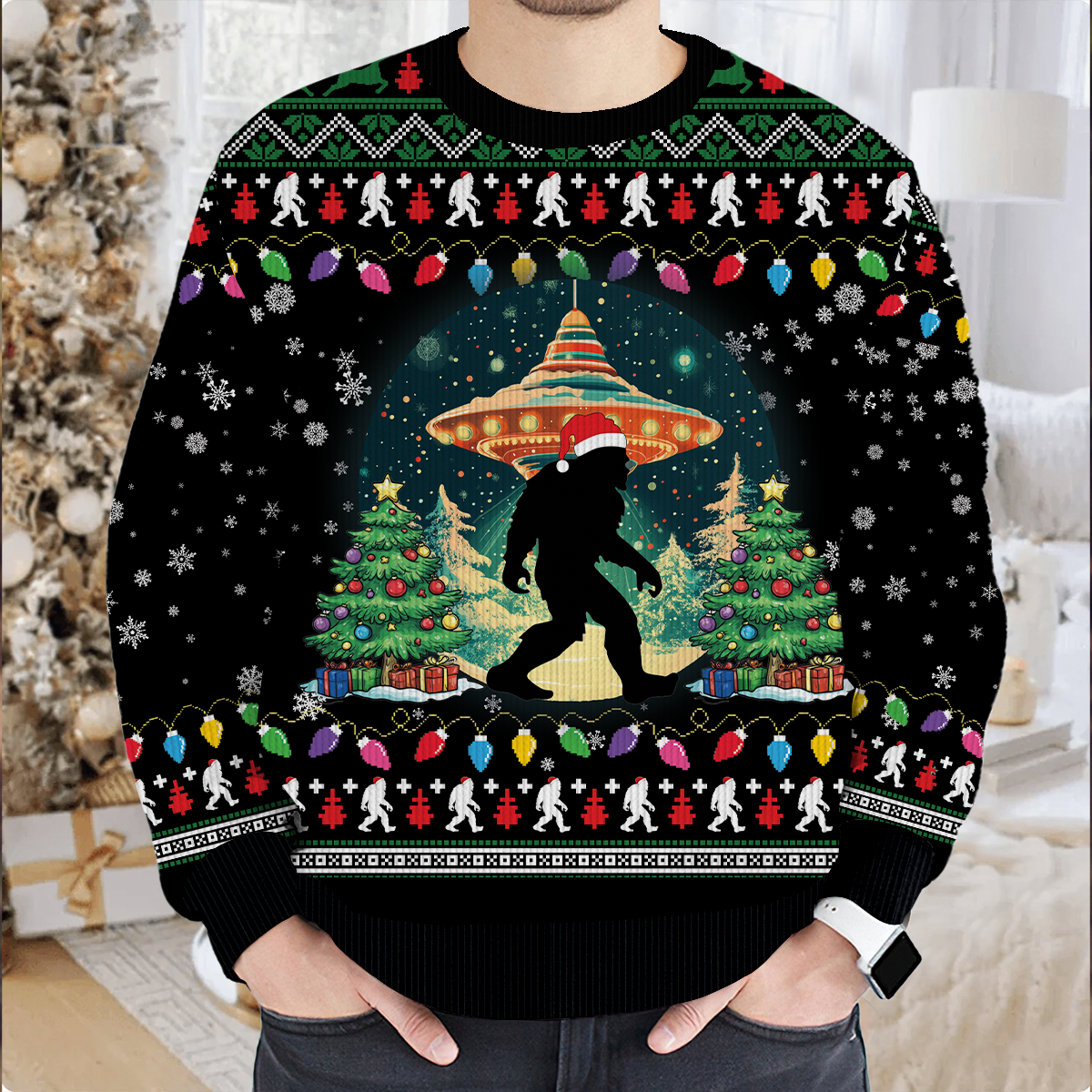 Believe Bigfoot Santa Hat UFO Christmas Ugly Christmas Sweater