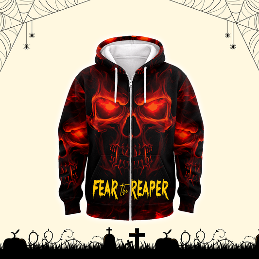Halloween Skull Hoodie – Fear The Reaper Fire Flame Gothic Sweatshirt, Custom Choo