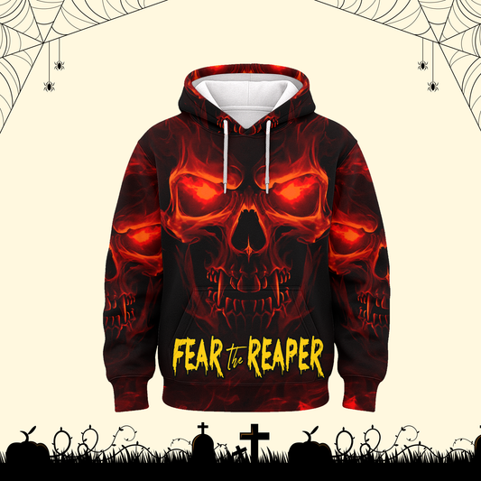 Halloween Skull Hoodie – Fear The Reaper Fire Flame Gothic Sweatshirt, Custom Choo