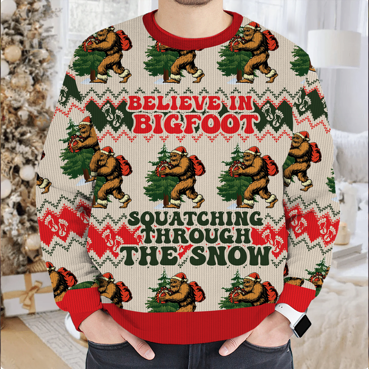 Belived In BigFoot Squatching Through The Snow Ugly Christmas Sweater