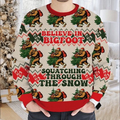Belived In BigFoot Squatching Through The Snow Ugly Christmas Sweater