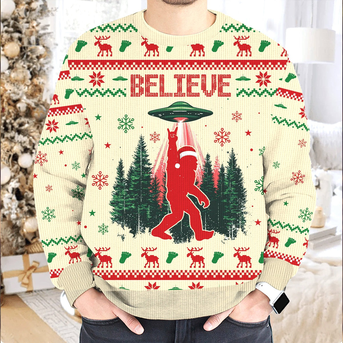Believe In Bigfoot UFO Christmas - Funny Ugly Christmas Sweater
