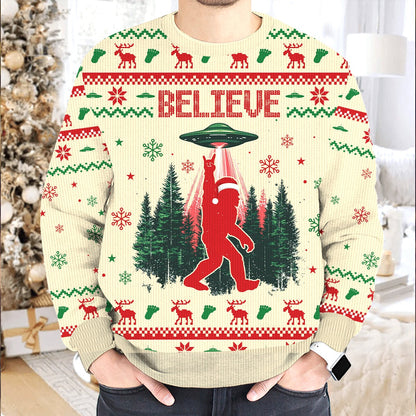 Believe In Bigfoot UFO Christmas - Funny Ugly Christmas Sweater