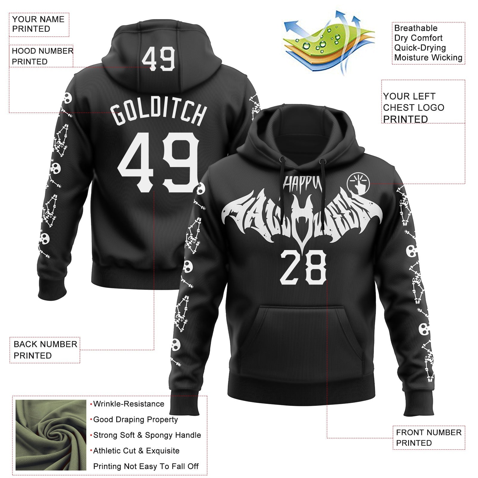 Custom Black White 3D Halloween Skeleton Bat Party Costume Ideas Sports Pullover Sweatshirt Hoodie