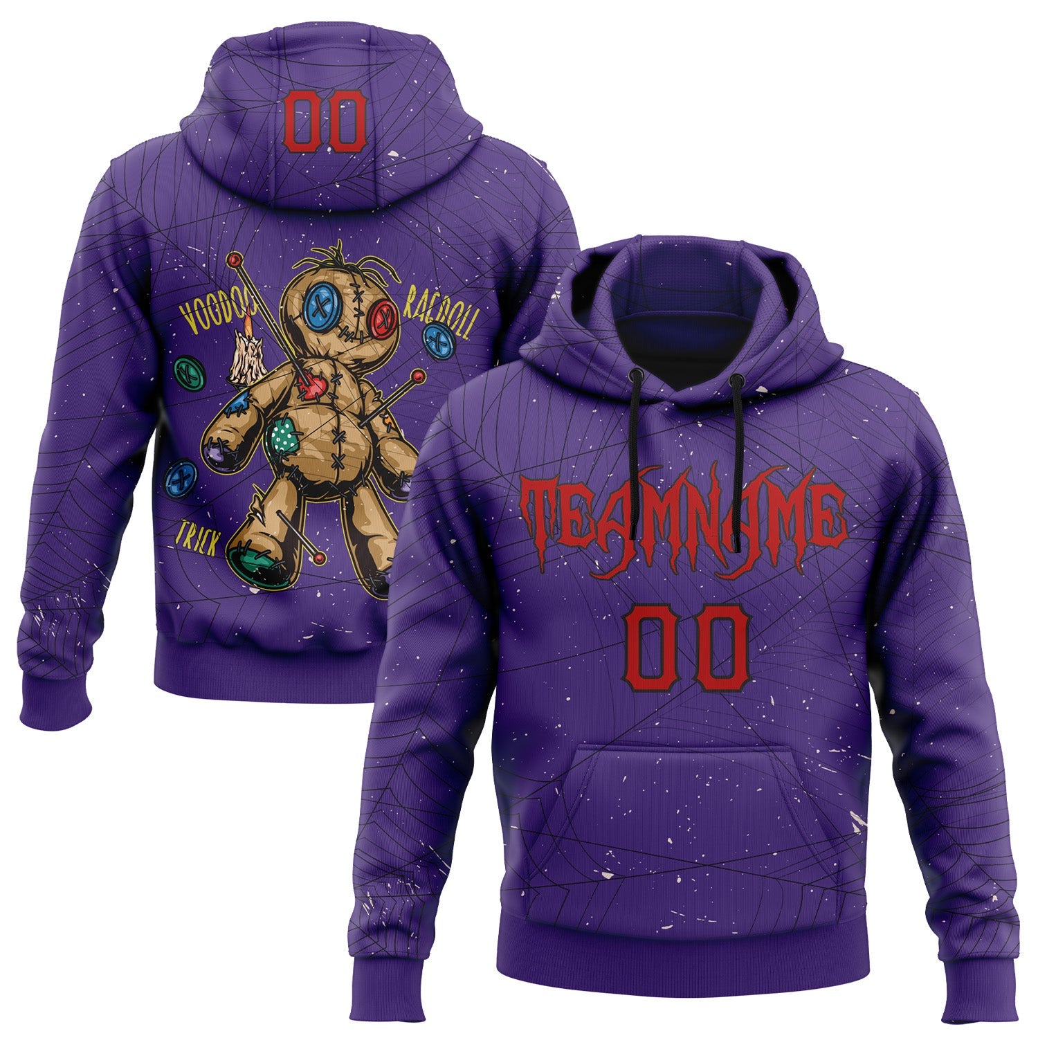 Custom Purple Red-Black 3D Halloween Spider Net Horror Night Trick Treat Party Costume Ideas Sports Pullover Sweatshirt Hoodie