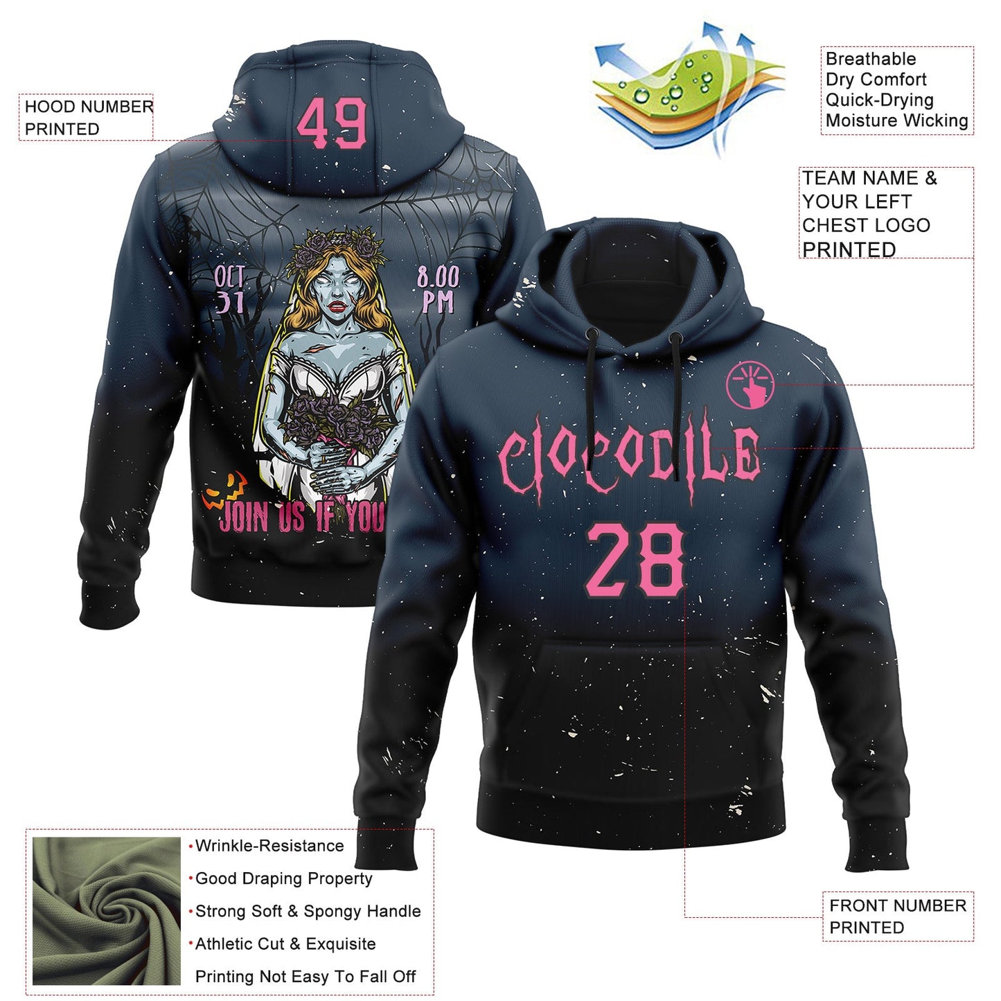 Custom Black Pink 3D Halloween Zombie Horror Night Trick Treat Party Costume Ideas Sports Pullover Sweatshirt Hoodie