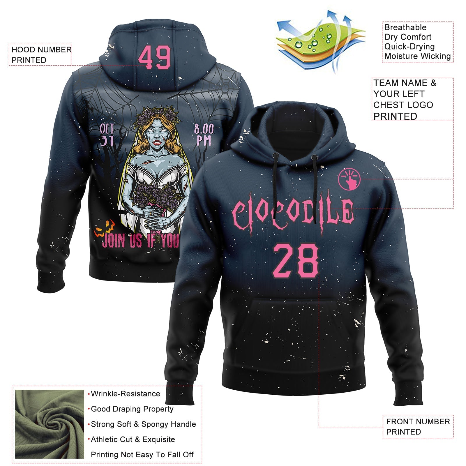 Custom Black Pink 3D Halloween Zombie Horror Night Trick Treat Party Costume Ideas Sports Pullover Sweatshirt Hoodie