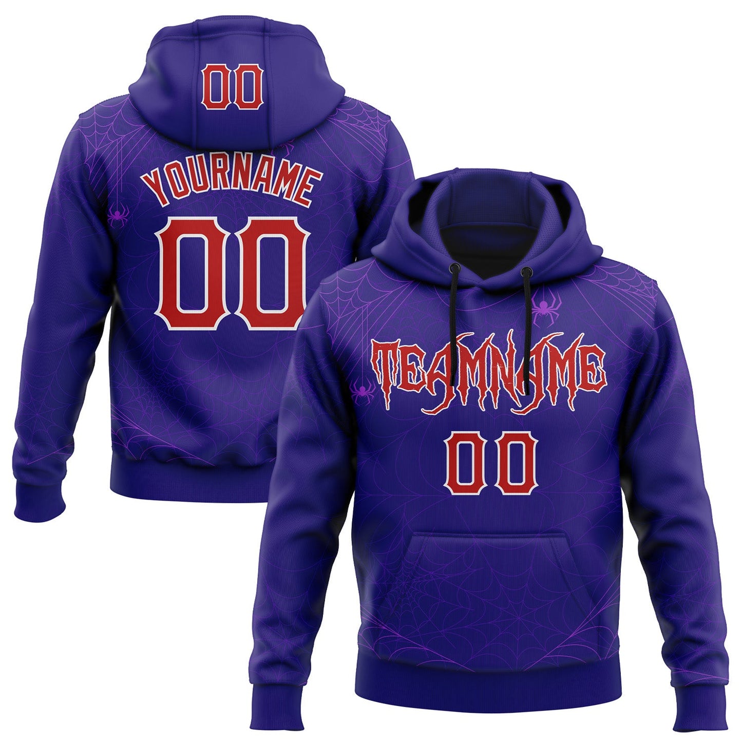 Custom Dark Purple Red-White 3D Halloween Spider Net Party Costume Ideas Sports Pullover Sweatshirt Hoodie