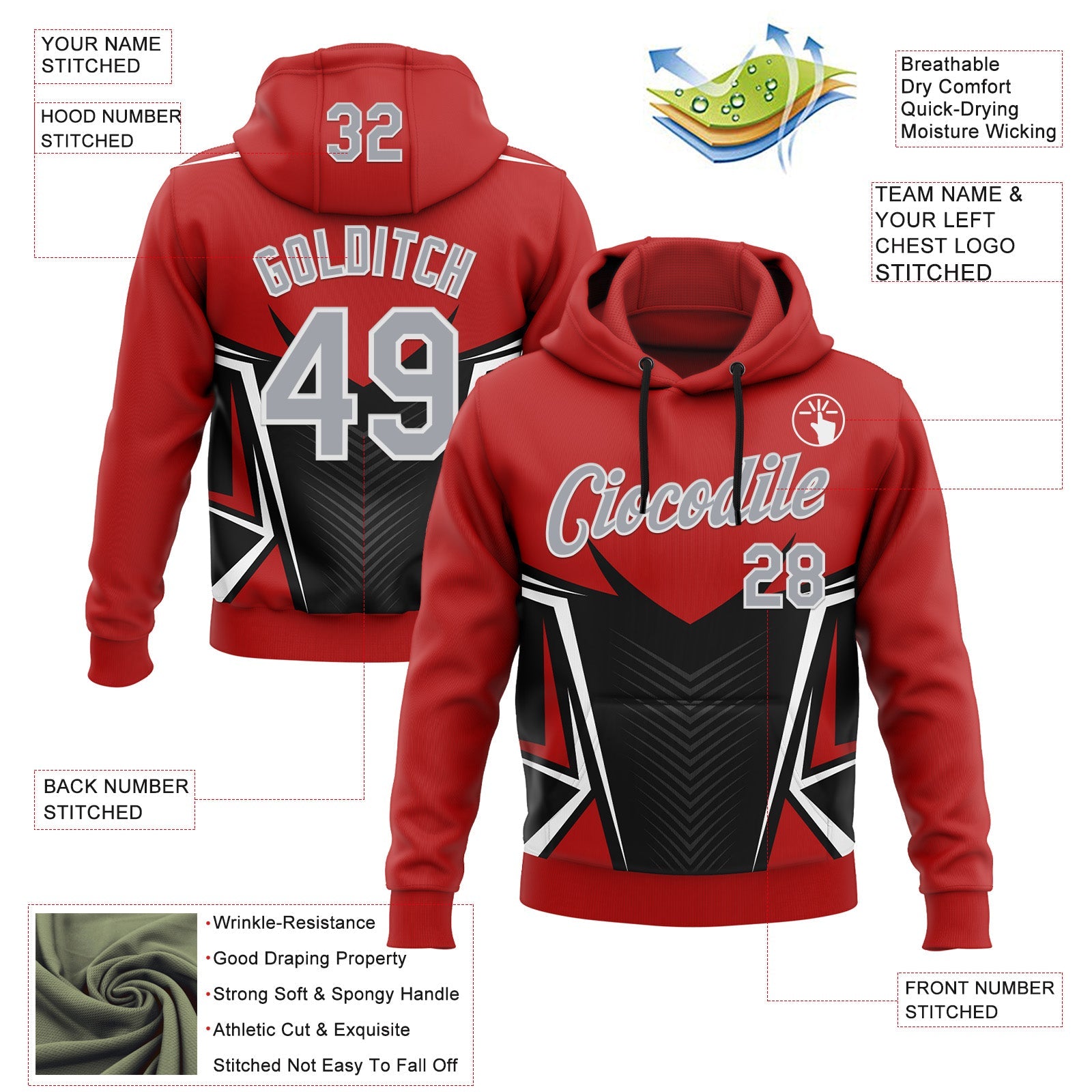 Custom Stitched Red Light Gray Black-White 3D Pattern Design Sportswear Pullover Sweatshirt Hoodie