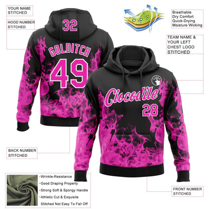 Custom Stitched Black Deep Pink-White 3D Pattern Design Flame Sports Pullover Sweatshirt Hoodie