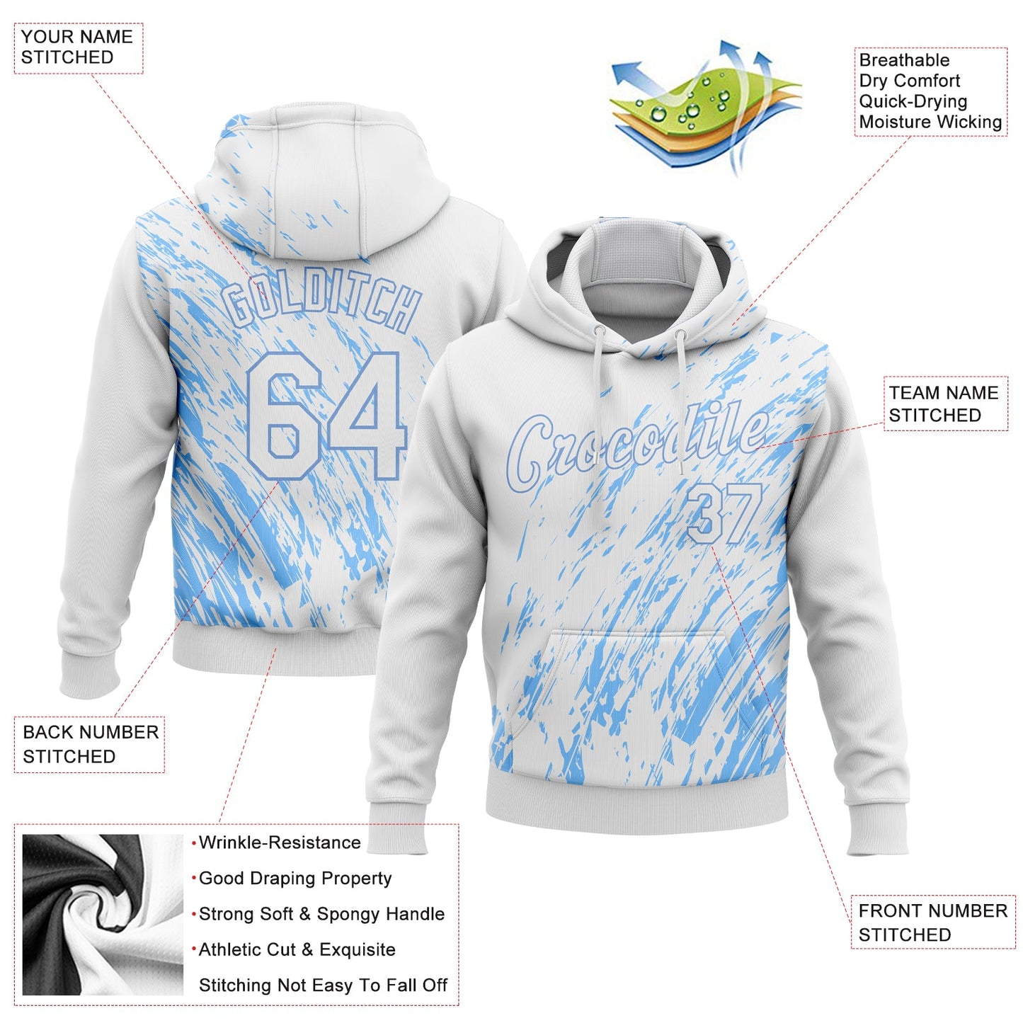 Custom Stitched White White-Light Blue 3D Pattern Design Sports Pullover Sweatshirt Hoodie