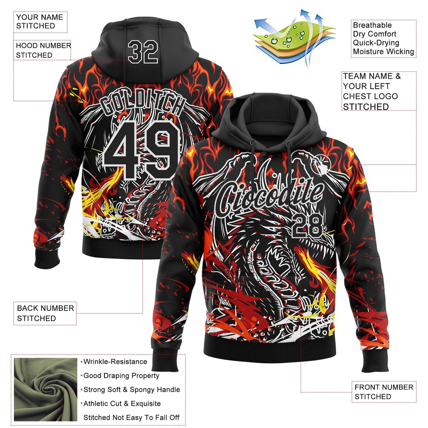 Custom Stitched Black Red Yellow-White 3D Pattern Design Flame Dragon Sports Pullover Sweatshirt Hoodie