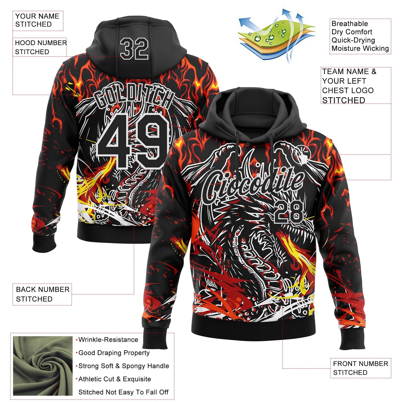 Custom Stitched Black Red Yellow-White 3D Pattern Design Flame Dragon Sports Pullover Sweatshirt Hoodie