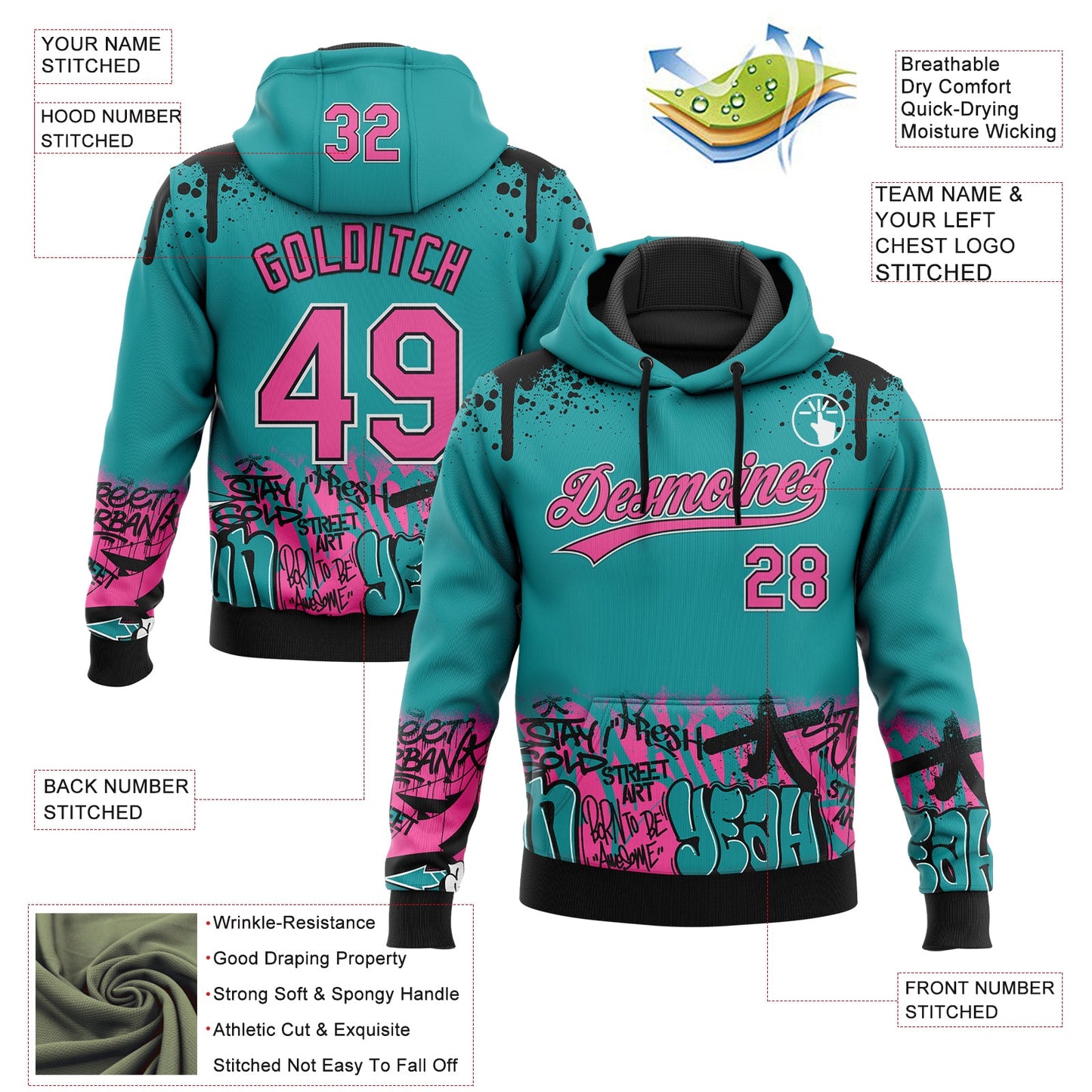 Custom Stitched Teal Pink Black-White 3D Graffiti Splash Street Art Sports Pullover Sweatshirt Hoodie