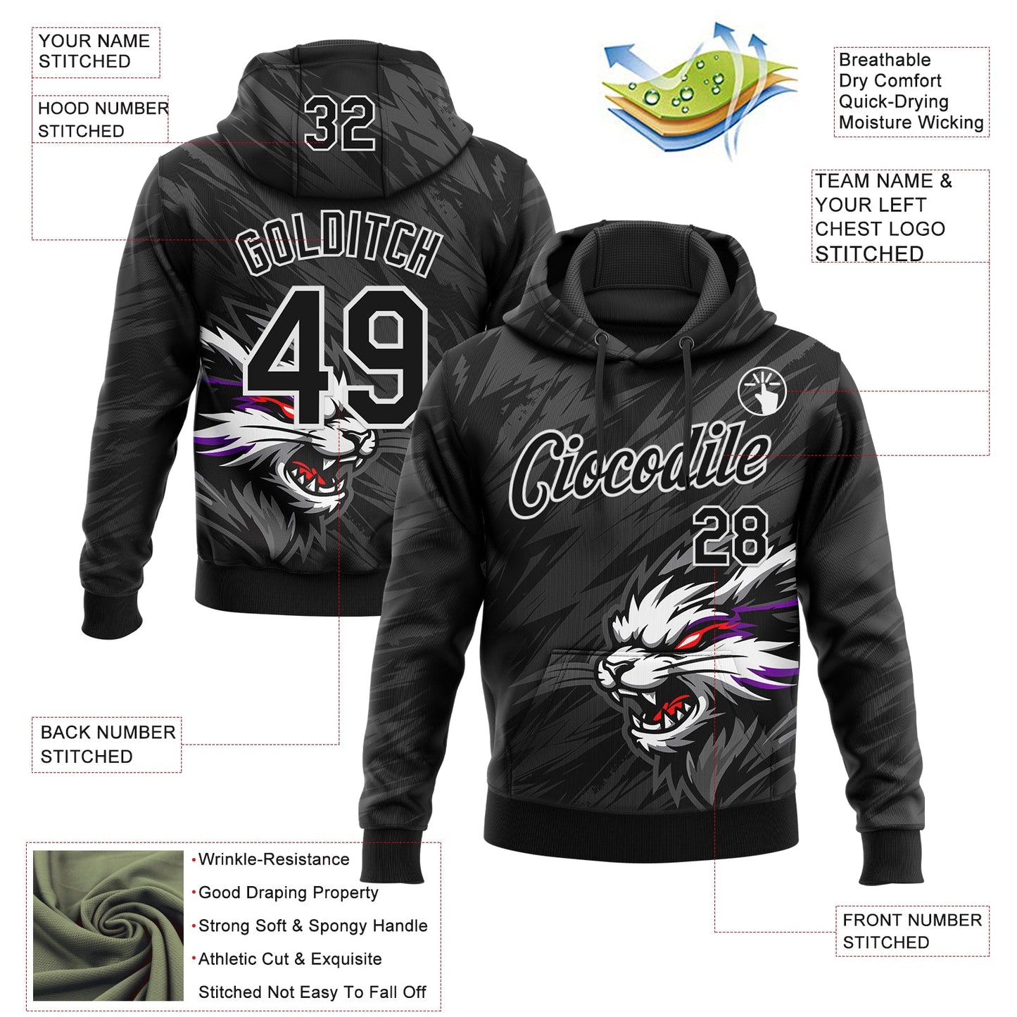 Custom Stitched Black Gray-White 3D Pattern Design Animal Wolf Sports Pullover Sweatshirt Hoodie