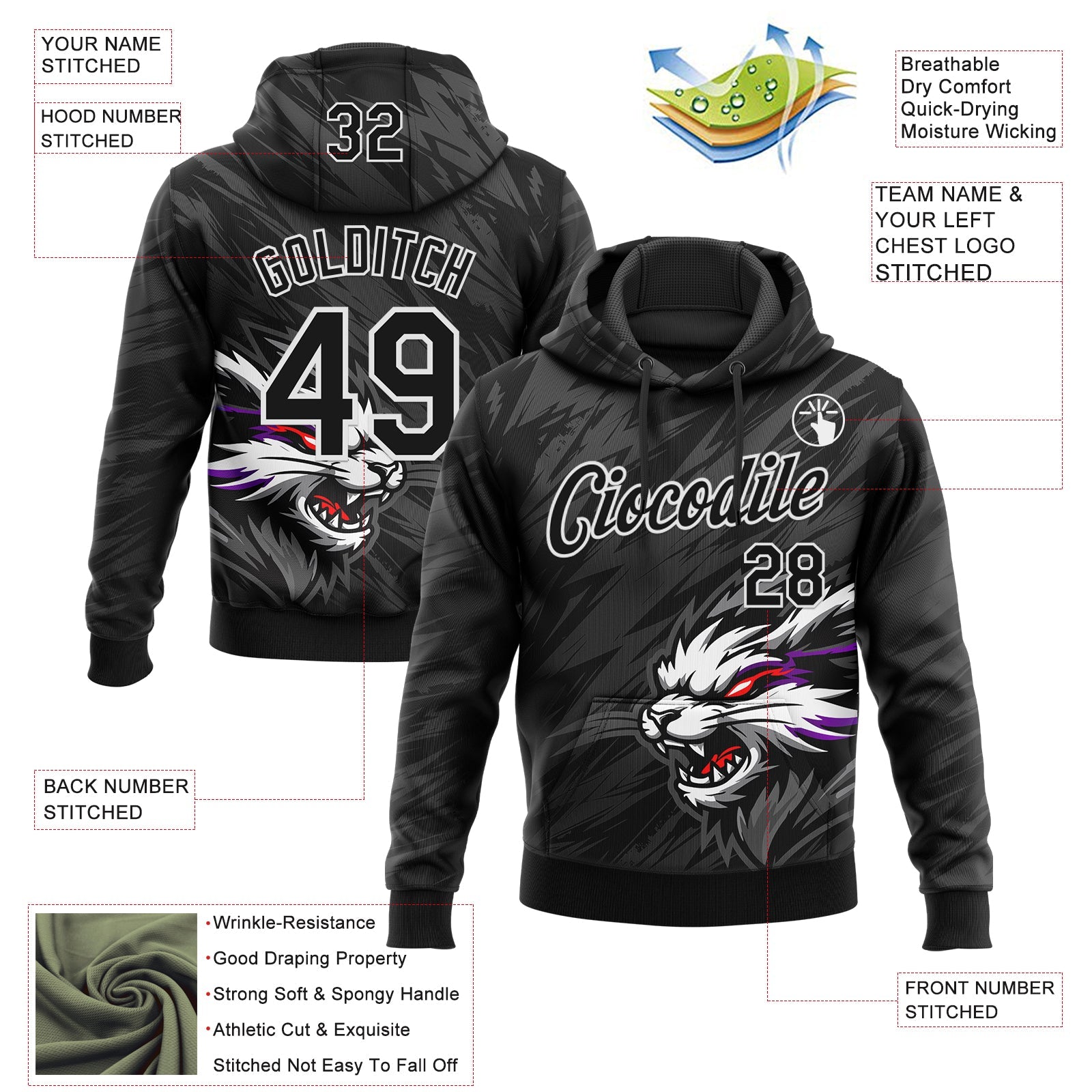 Custom Stitched Black Gray-White 3D Pattern Design Animal Wolf Sports Pullover Sweatshirt Hoodie