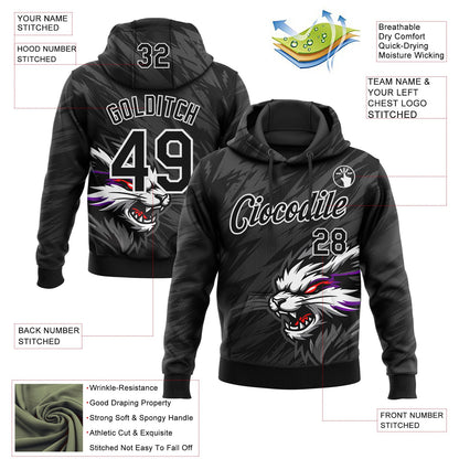 Custom Stitched Black Gray-White 3D Pattern Design Animal Wolf Sports Pullover Sweatshirt Hoodie