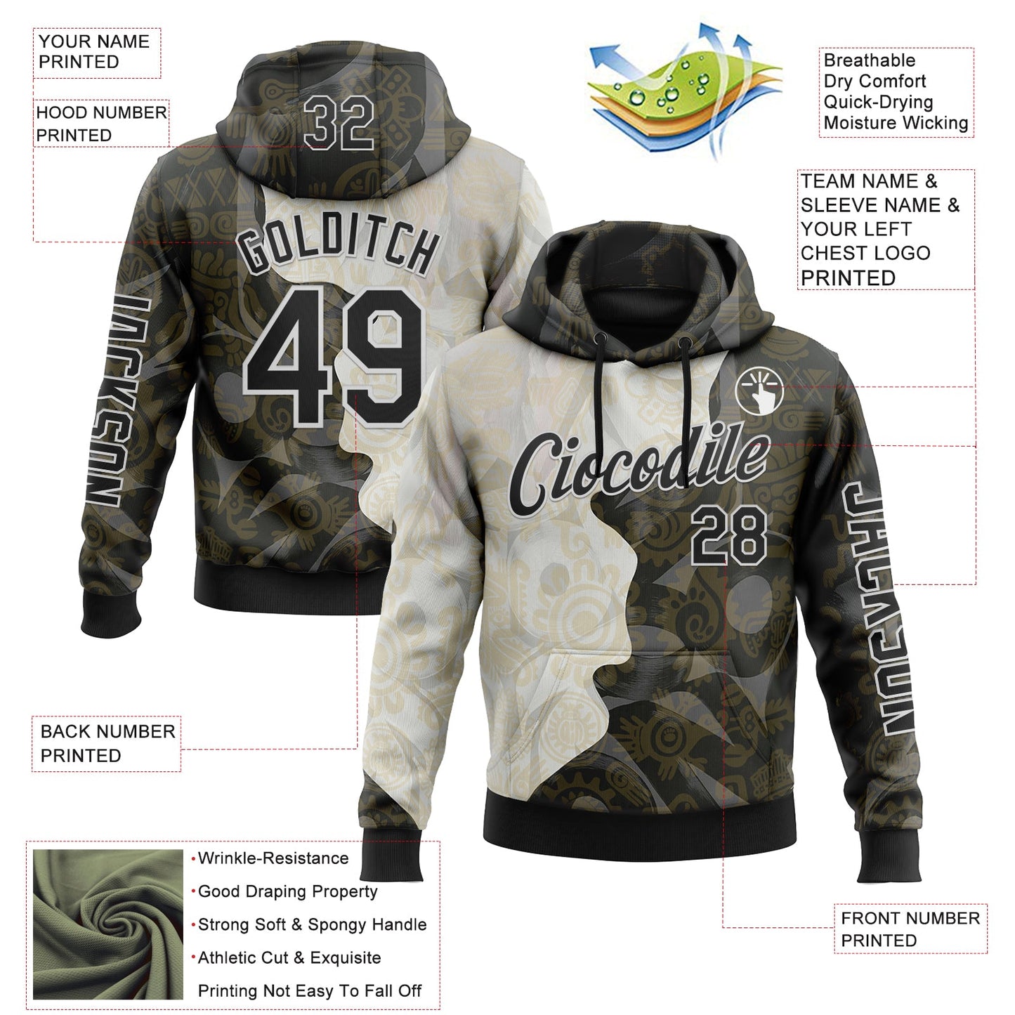 Custom Black Cream-White 3D Pattern Design Ethnic Tribal Sportswear Pullover Sweatshirt Hoodie