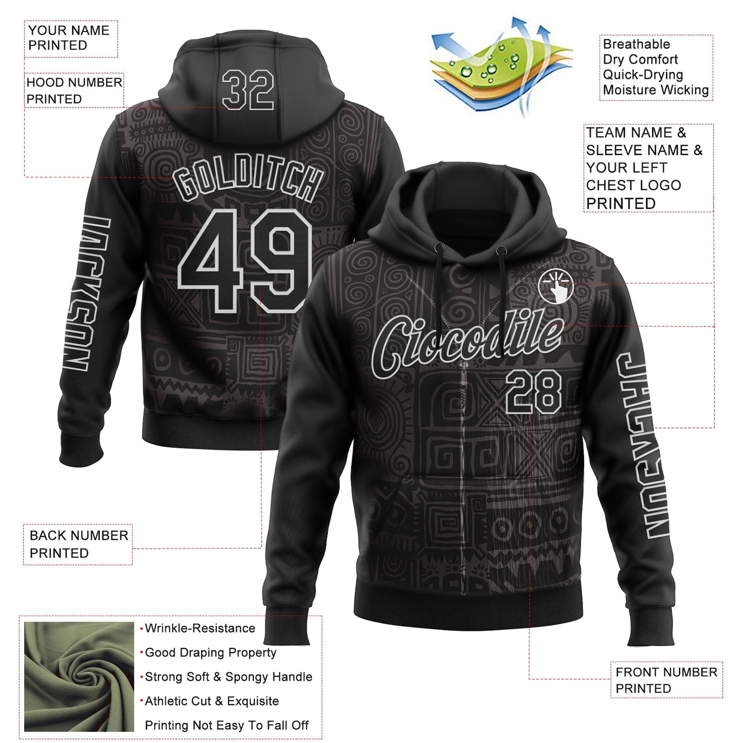 Custom Black White 3D Pattern Design Ethnic Tribal Sportswear Pullover Sweatshirt Hoodie