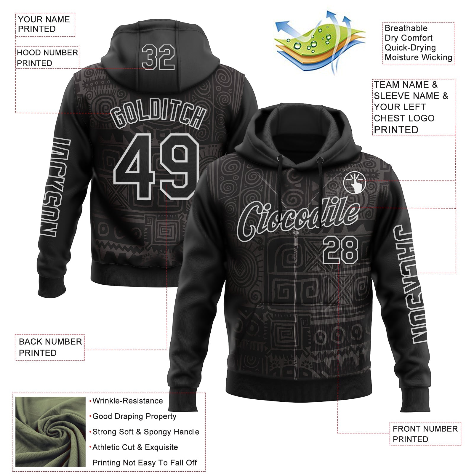 Custom Black White 3D Pattern Design Ethnic Tribal Sportswear Pullover Sweatshirt Hoodie