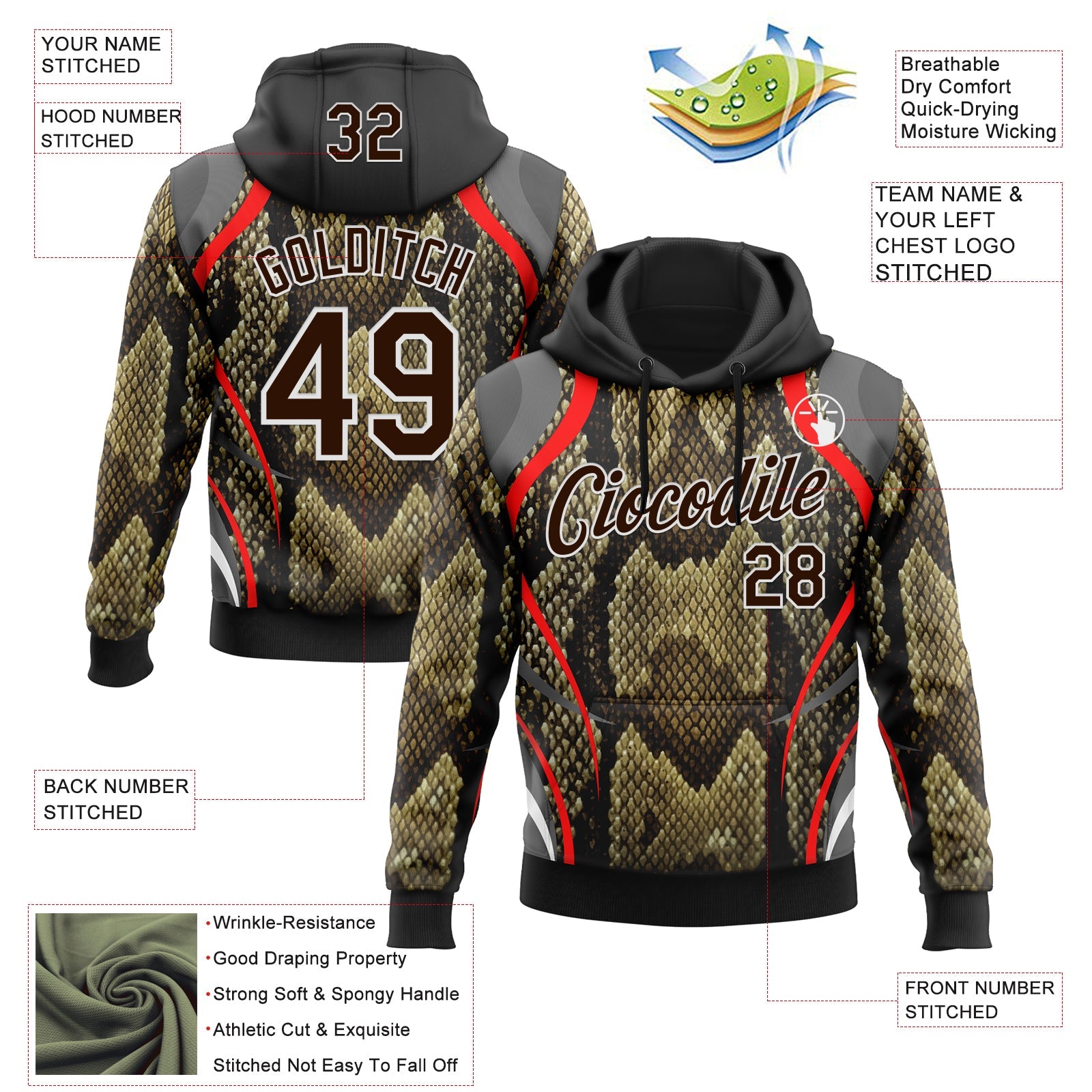 Custom Stitched Black Brown Red-White 3D Pattern Design Snake Skin Print Sportswear Pullover Sweatshirt Hoodie
