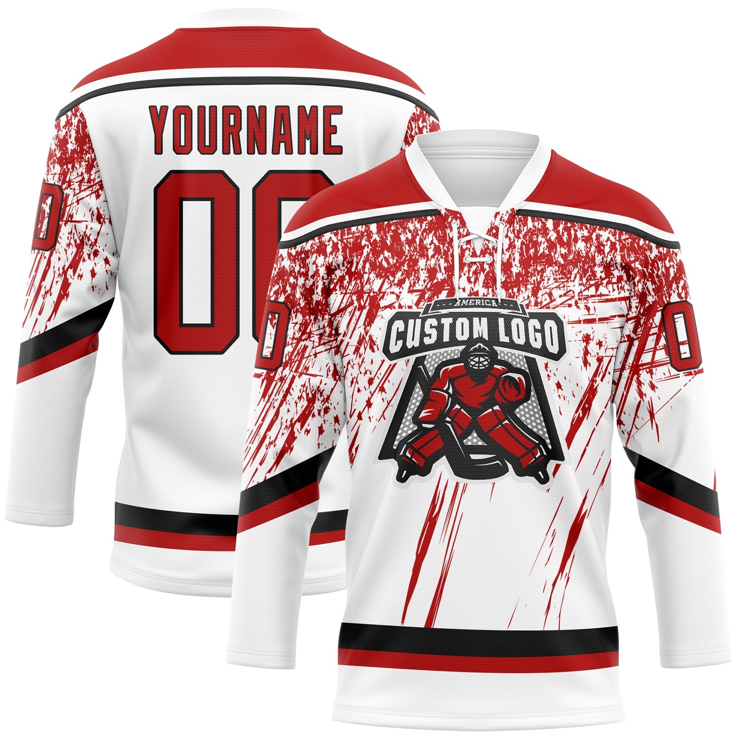 Custom White Red-Black 3D Splash Hockey Lace Neck Jersey