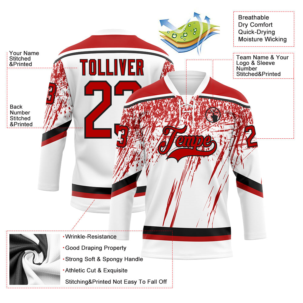 Custom White Red-Black 3D Splash Hockey Lace Neck Jersey