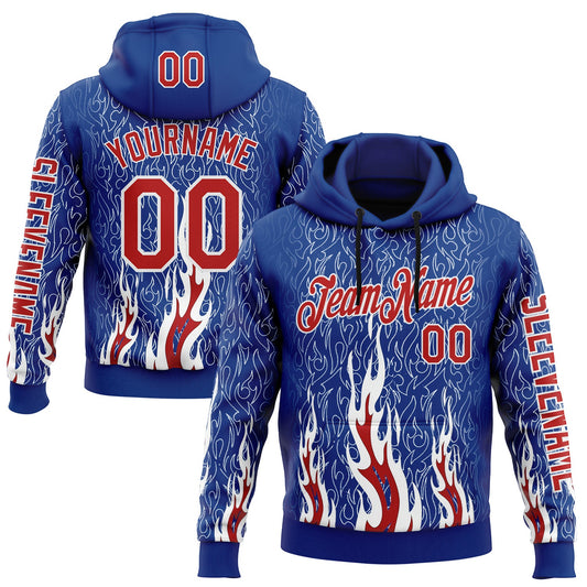 Custom Royal Red-White 3D Abstract Flame Sports Pullover Sweatshirt Hoodie
