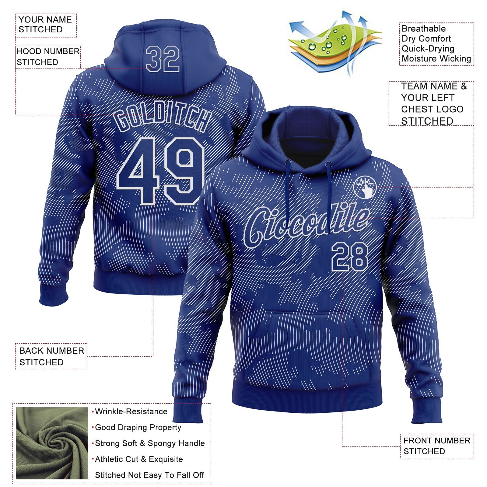 Custom Stitched Royal White Curve Lines Sports Pullover Sweatshirt Hoodie