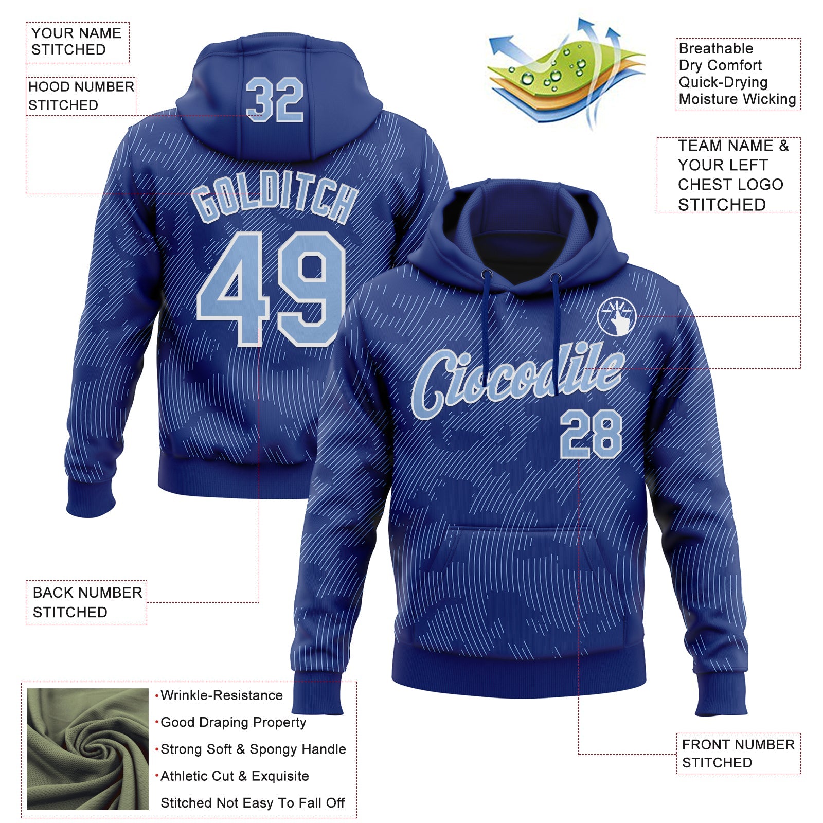 Custom Stitched Royal Light Blue-White Curve Lines Sports Pullover Sweatshirt Hoodie