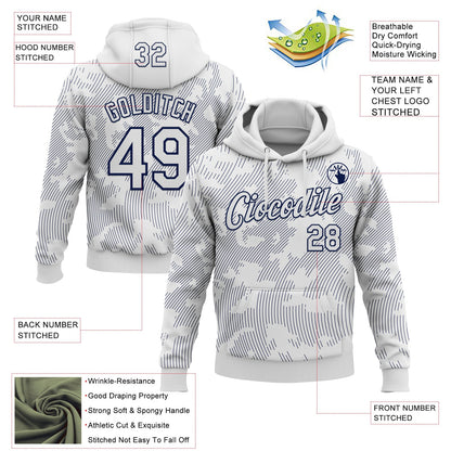 Custom Stitched White Navy Curve Lines Sports Pullover Sweatshirt Hoodie
