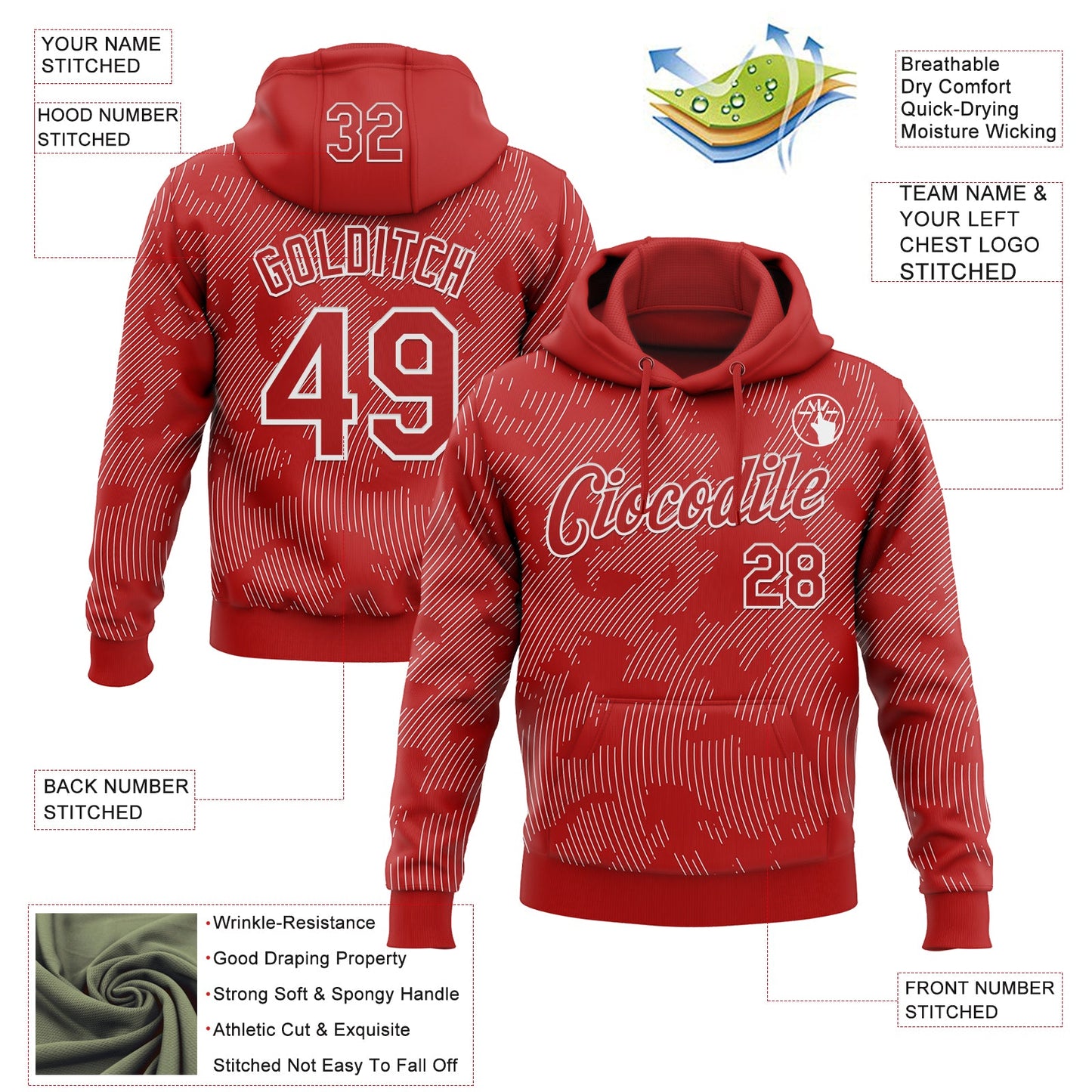 Custom Stitched Red White Curve Lines Sports Pullover Sweatshirt Hoodie