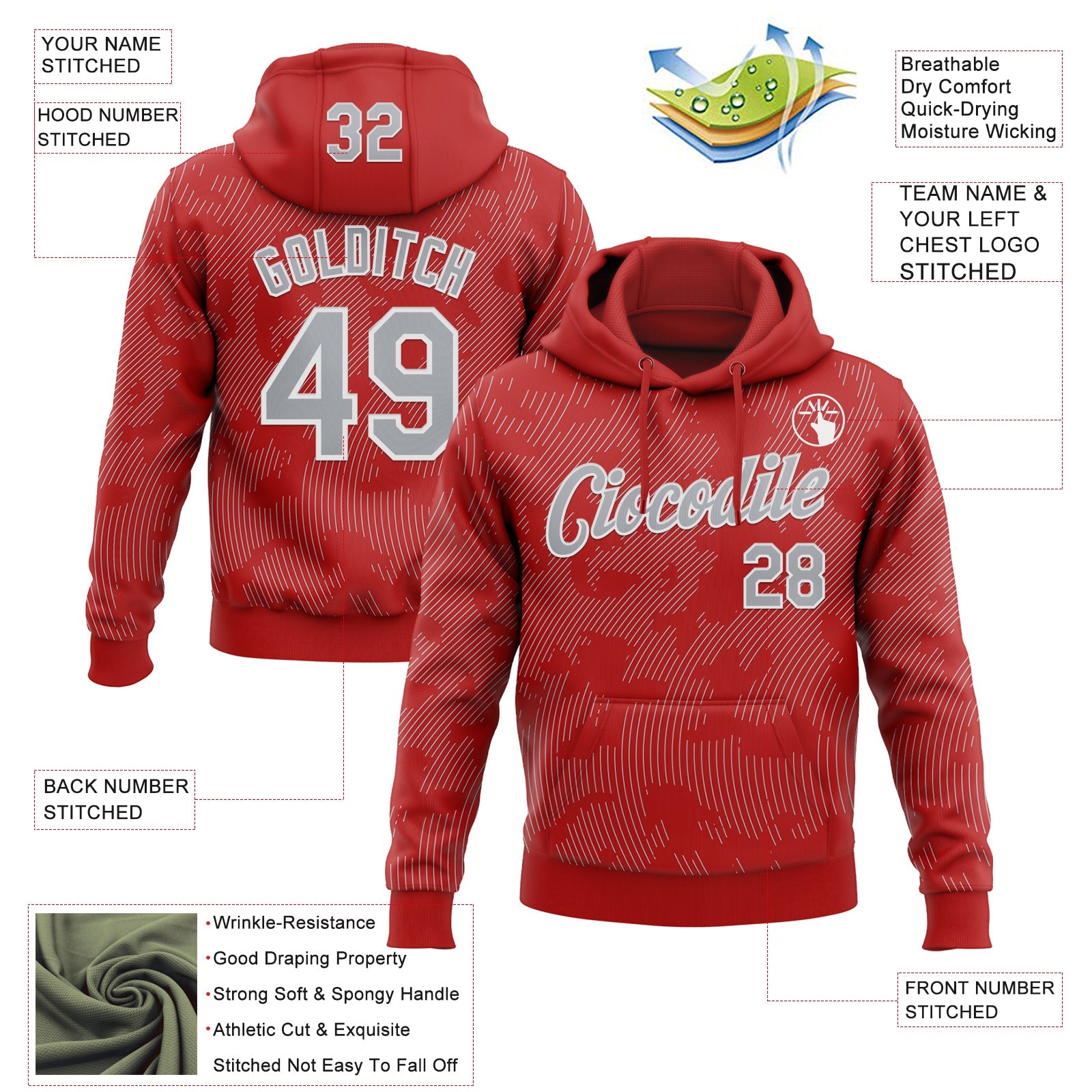 Custom Stitched Red Gray-White Curve Lines Sports Pullover Sweatshirt Hoodie